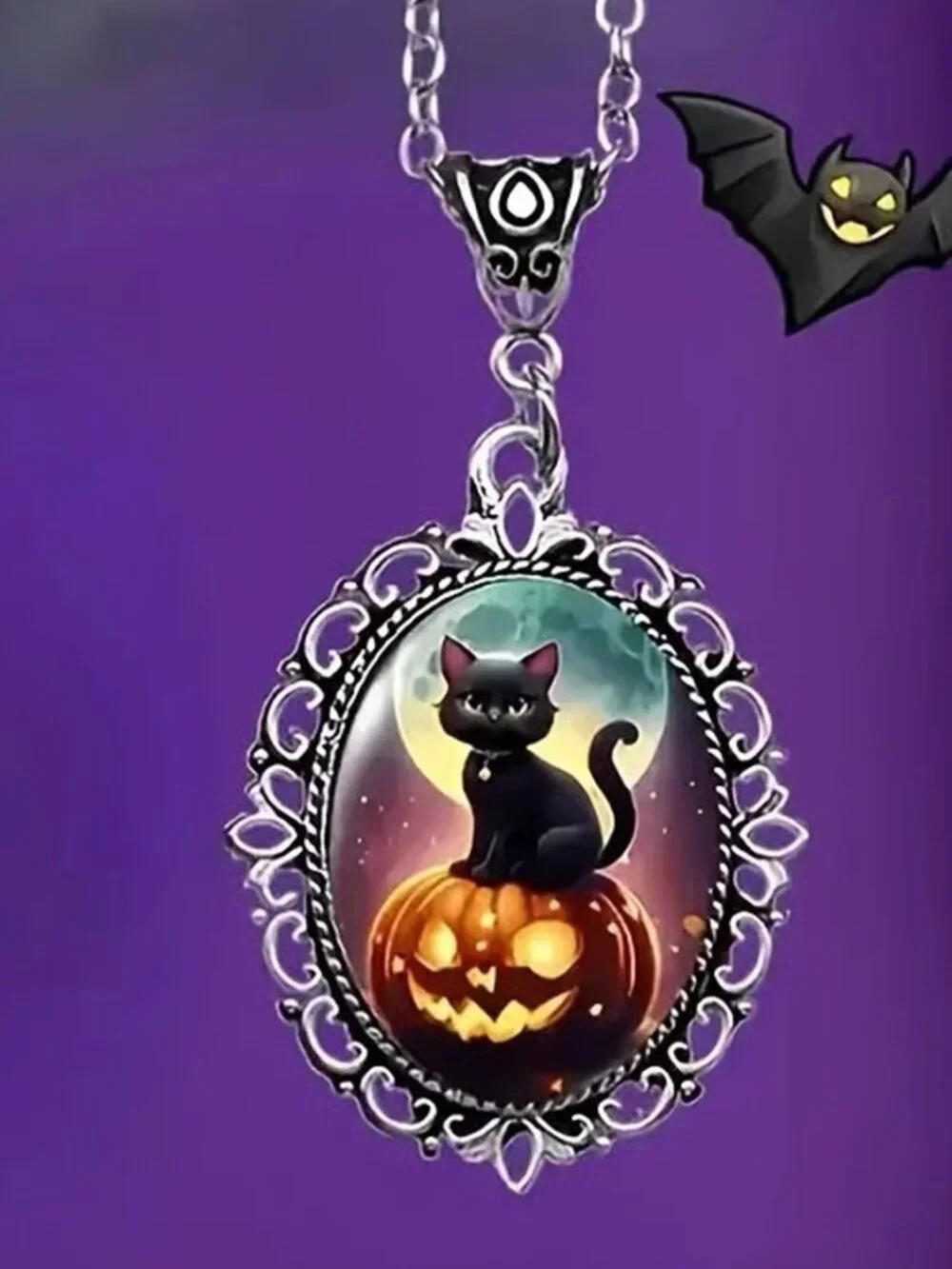 Silver Halloween BLACK CAT Pendant Necklace